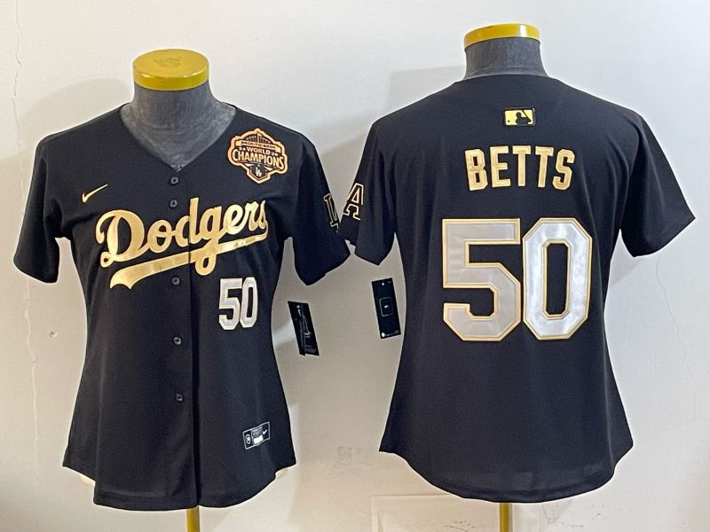 Women Nike 2026 Los Angeles Dodgers #50 Betts Black Gold Game MLB Jersey 065